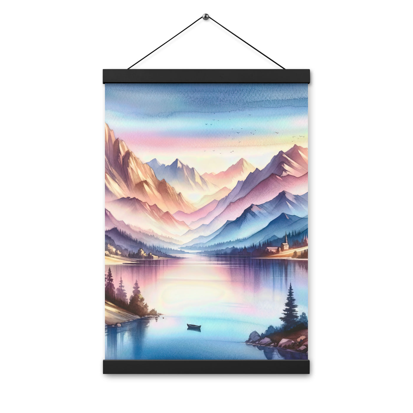 Aquarell einer Dämmerung in den Alpen, Boot auf einem See in Pastell-Licht - Premium Poster mit Aufhängung berge xxx yyy zzz 30.5 x 45.7 cm