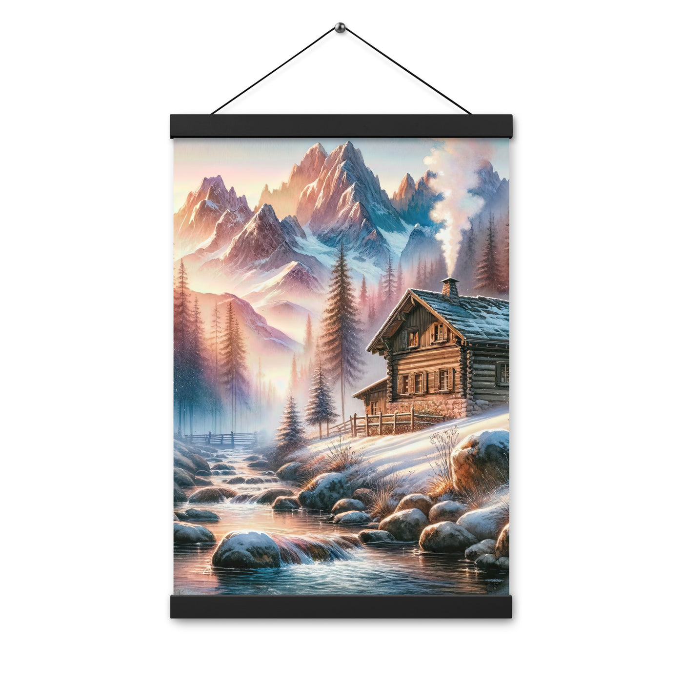 Aquarell einer Alpenszene im Morgengrauen, Haus in den Bergen - Premium Poster mit Aufhängung berge xxx yyy zzz 30.5 x 45.7 cm