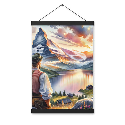 Aquarell einer Berglandschaft in der goldenen Stunde mit österreichischem Wanderer - Premium Poster mit Aufhängung wandern xxx yyy zzz 30.5 x 45.7 cm