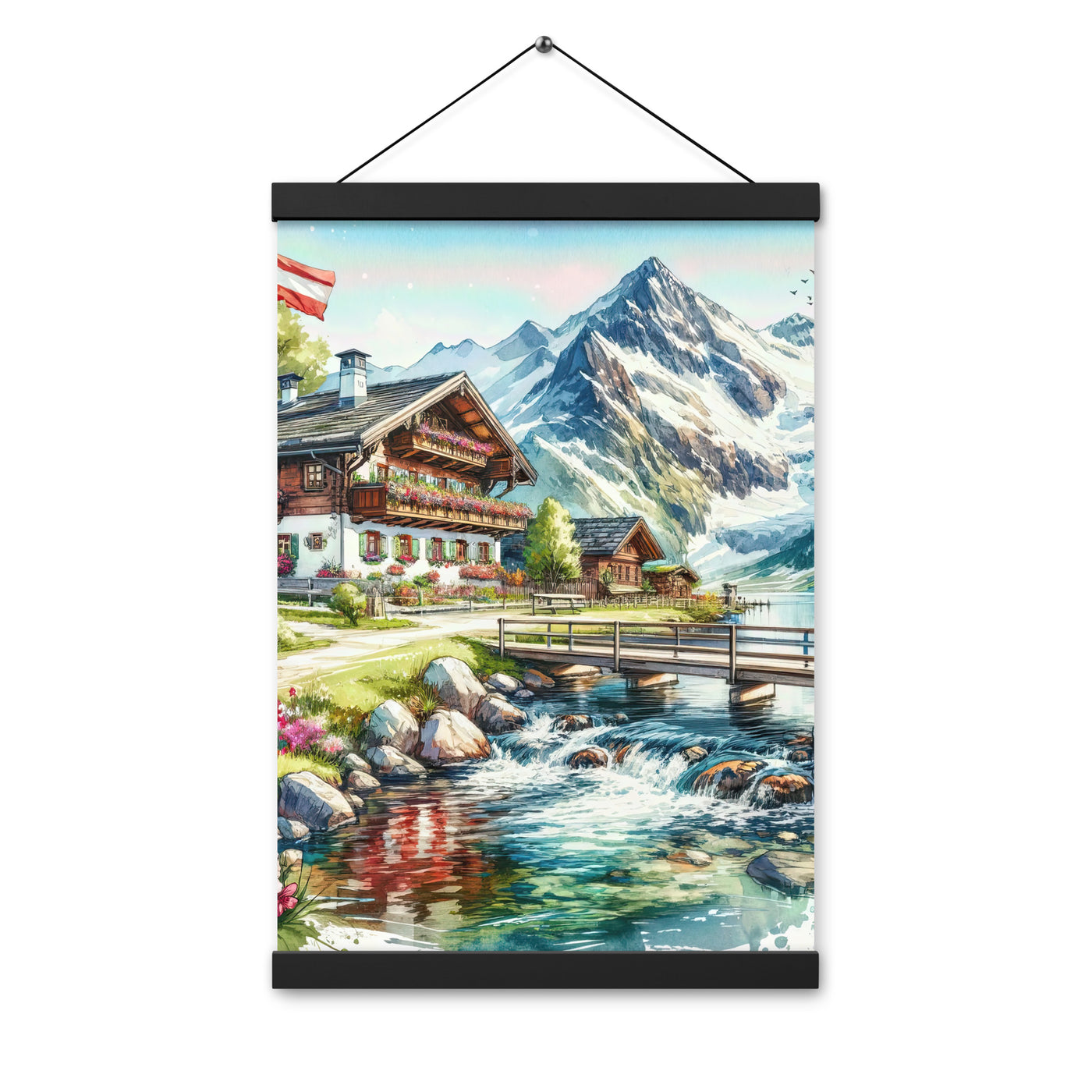 Aquarell der frühlingshaften Alpenkette mit österreichischer Flagge und schmelzendem Schnee - Enhanced Matte Paper Poster With Hanger berge xxx yyy zzz 30.5 x 45.7 cm
