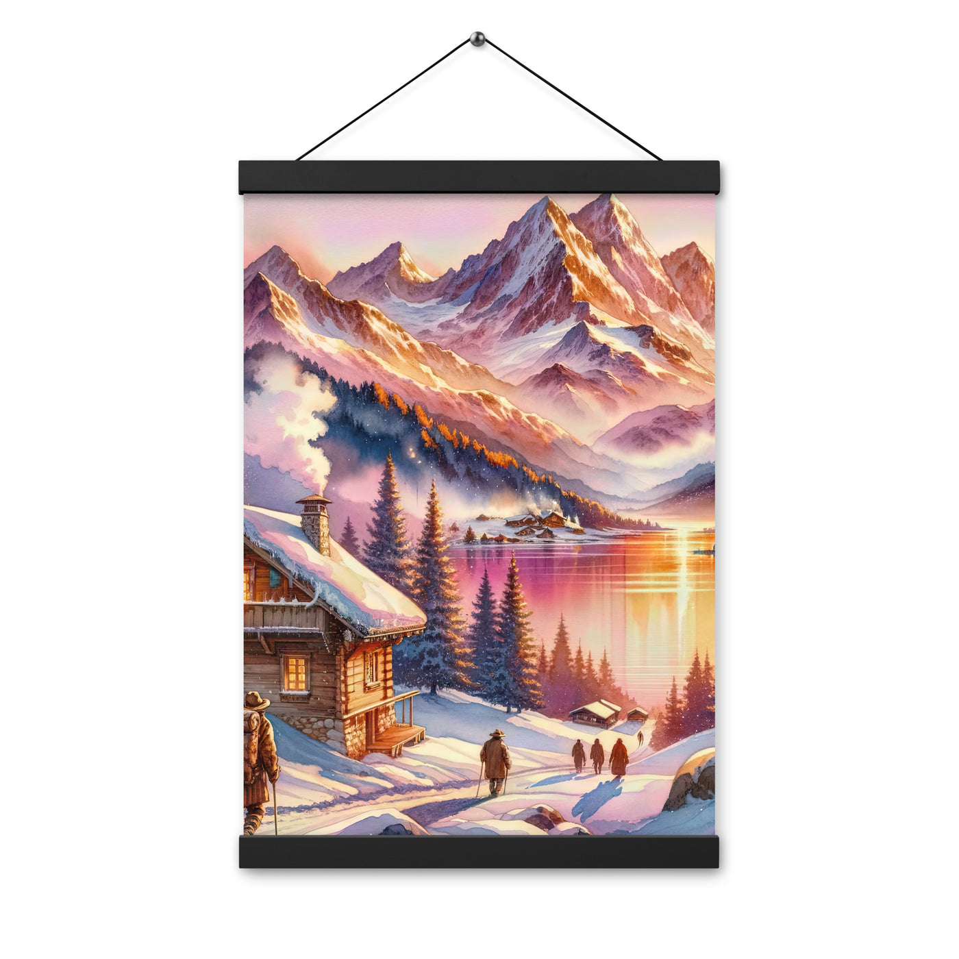 Aquarell eines Alpenpanoramas mit Wanderern bei Sonnenuntergang in Rosa und Gold - Premium Poster mit Aufhängung wandern xxx yyy zzz 30.5 x 45.7 cm