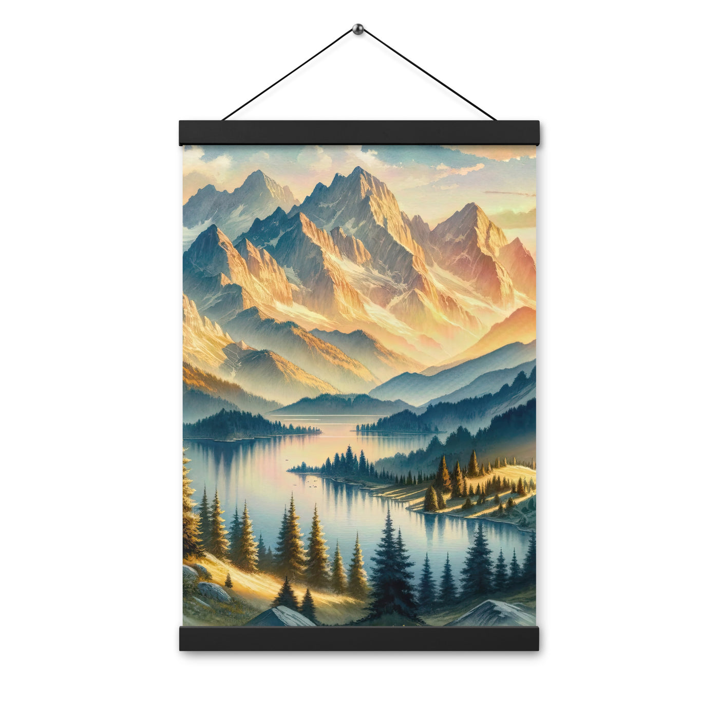 Aquarell der Alpenpracht bei Sonnenuntergang, Berge im goldenen Licht - Premium Poster mit Aufhängung berge xxx yyy zzz 30.5 x 45.7 cm
