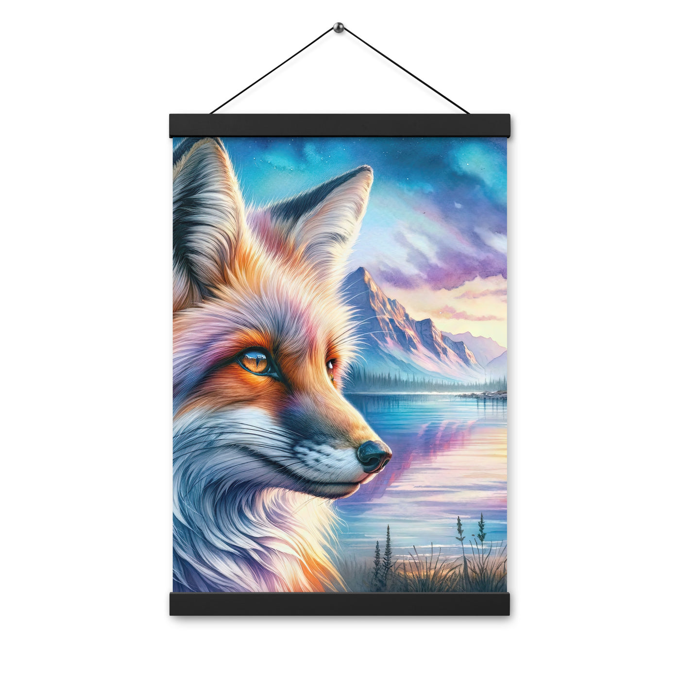 Aquarellporträt eines Fuchses im Dämmerlicht am Bergsee - Premium Poster mit Aufhängung camping xxx yyy zzz 30.5 x 45.7 cm