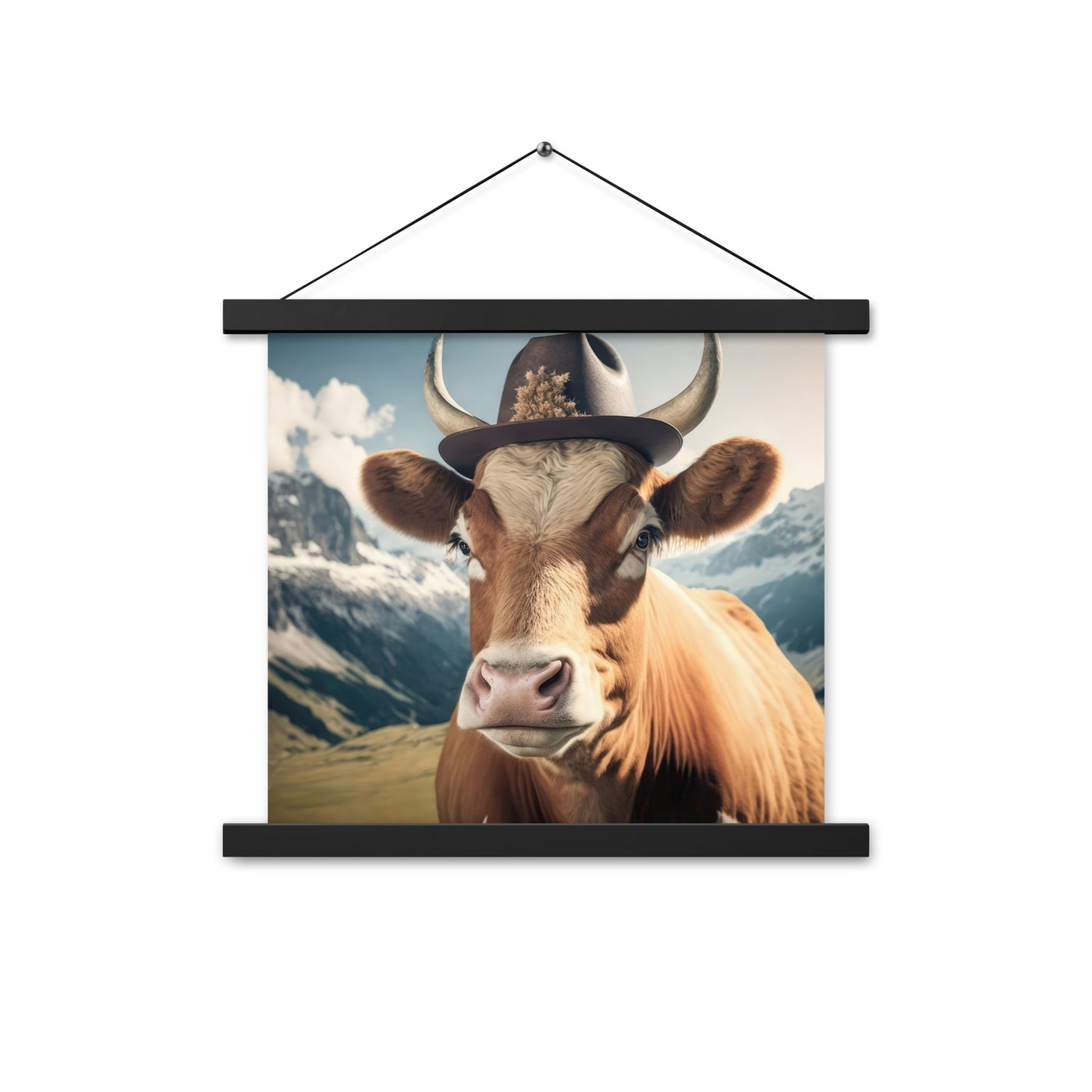 Kuh mit Hut in den Alpen - Berge im Hintergrund - Landschaftsmalerei - Premium Poster mit Aufhängung berge xxx Black 35.6 x 35.6 cm