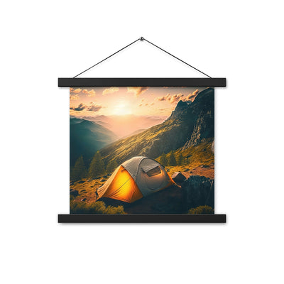 Zelt auf Berg im Sonnenaufgang - Landschafts - Premium Poster mit Aufhängung camping xxx 35.6 x 35.6 cm