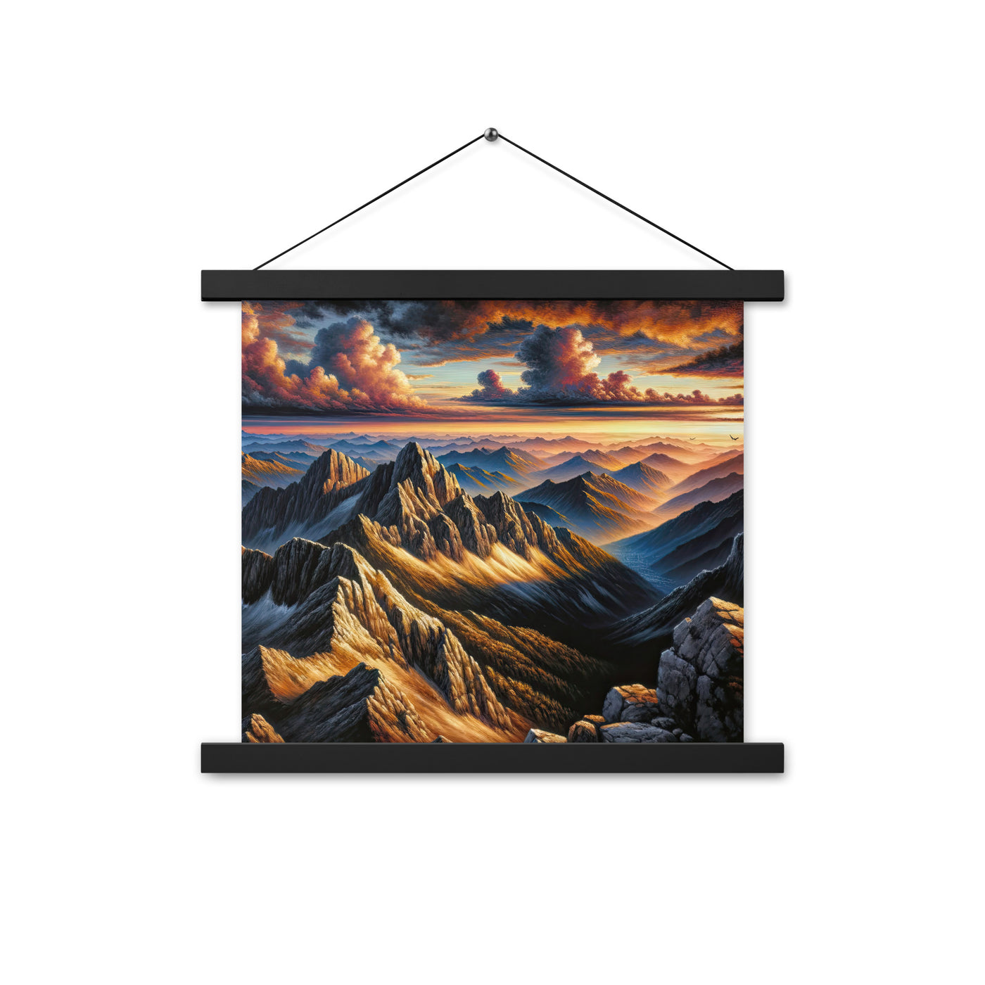 Alpen in Abenddämmerung: Acrylgemälde mit beleuchteten Berggipfeln - Premium Poster mit Aufhängung berge xxx yyy zzz 35.6 x 35.6 cm