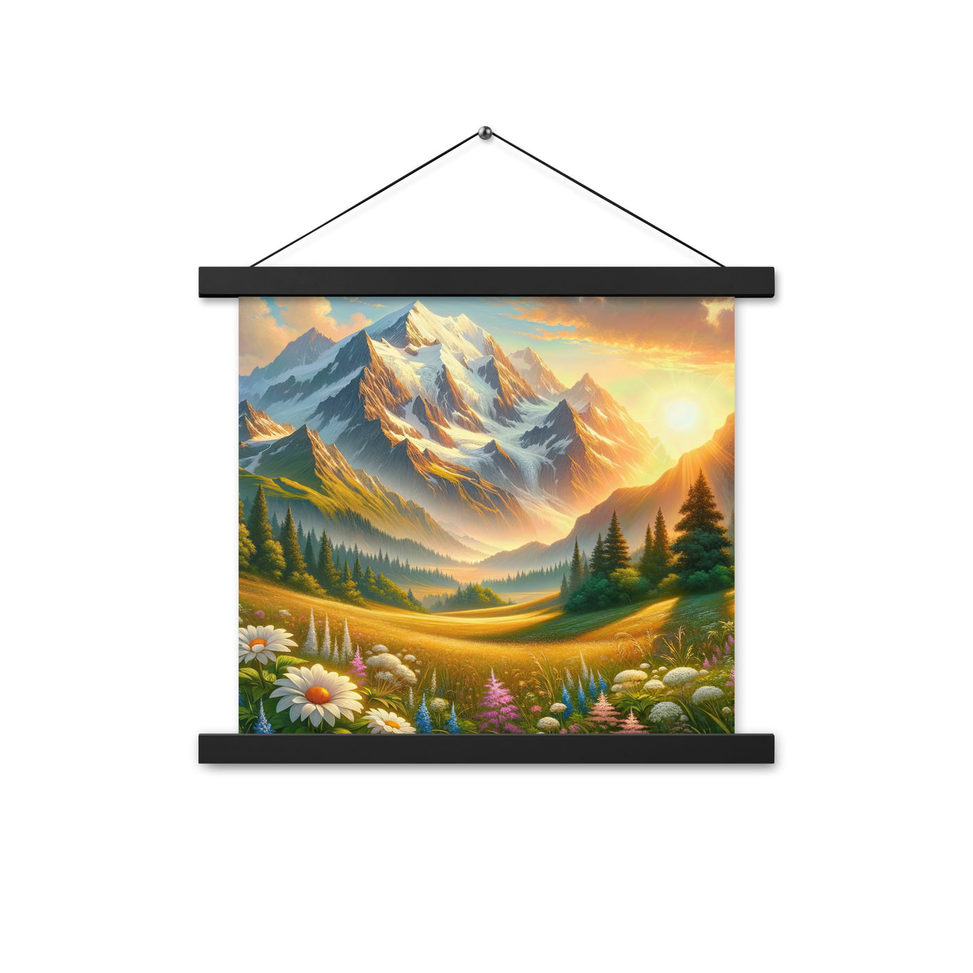 Heitere Alpenschönheit: Schneeberge und Wildblumenwiesen - Premium Poster mit Aufhängung berge xxx yyy zzz 35.6 x 35.6 cm