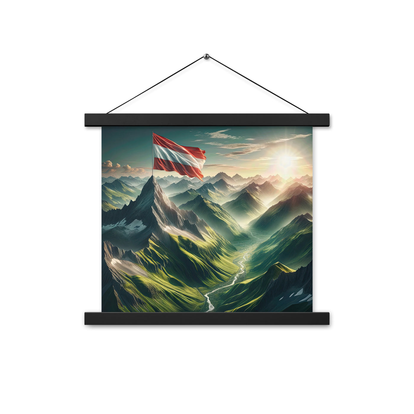 Alpen Gebirge: Fotorealistische Bergfläche mit Österreichischer Flagge - Premium Poster mit Aufhängung berge xxx yyy zzz 35.6 x 35.6 cm