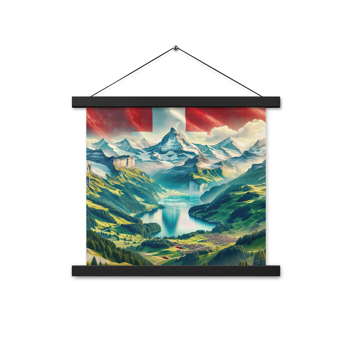 Berg Panorama: Schneeberge und Täler mit Schweizer Flagge - Premium Poster mit Aufhängung berge xxx yyy zzz 35.6 x 35.6 cm
