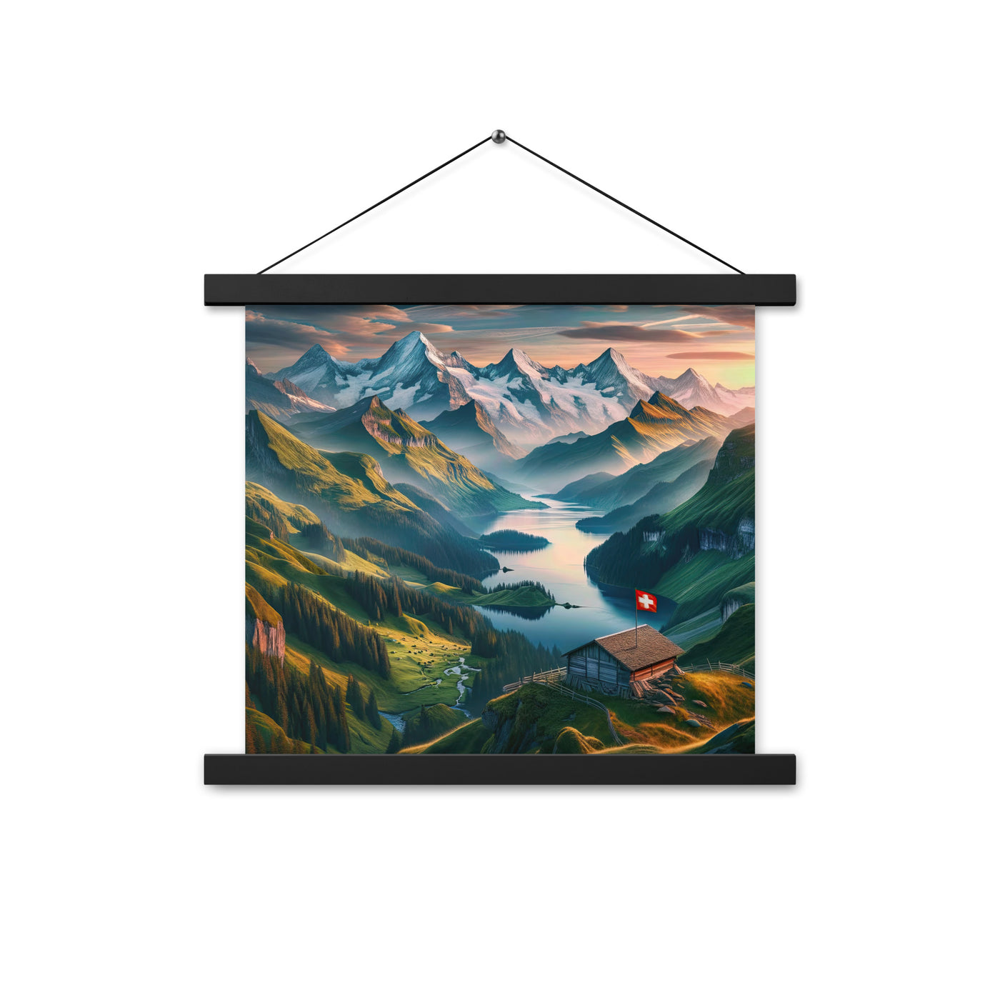 Schweizer Flagge, Alpenidylle: Dämmerlicht, epische Berge und stille Gewässer - Premium Poster mit Aufhängung berge xxx yyy zzz 35.6 x 35.6 cm