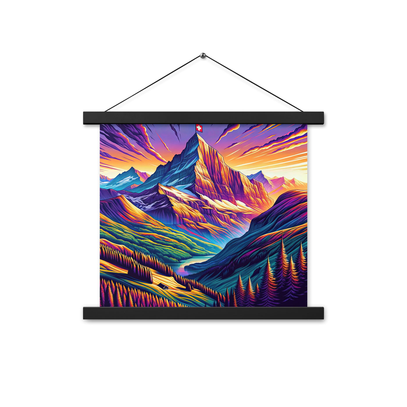 Bergpracht mit Schweizer Flagge: Farbenfrohe Illustration einer Berglandschaft - Premium Poster mit Aufhängung berge xxx yyy zzz 35.6 x 35.6 cm
