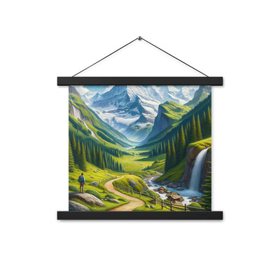 Wanderer in den Bergen und Wald: Digitale Malerei mit grünen kurvenreichen Pfaden - Premium Poster mit Aufhängung wandern xxx yyy zzz 35.6 x 35.6 cm
