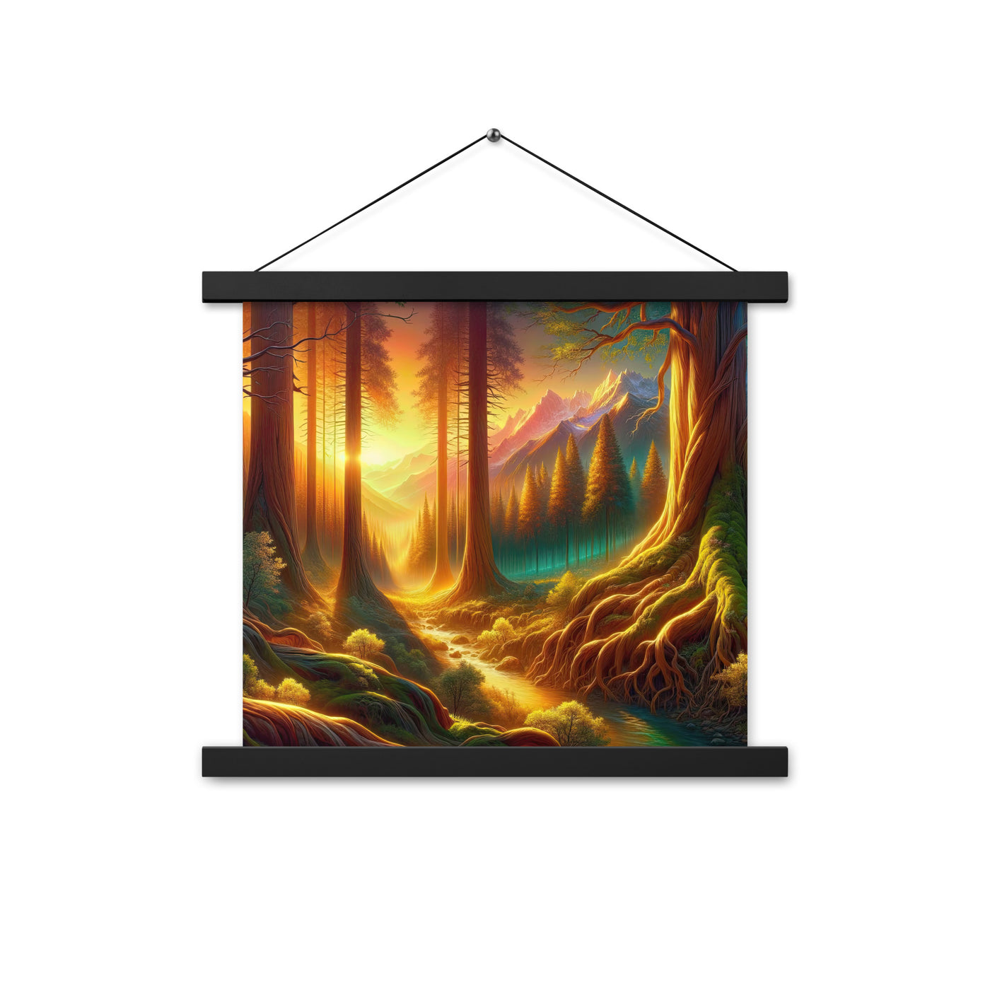 Golden-Stunde Alpenwald, Sonnenlicht durch Blätterdach - Premium Poster mit Aufhängung camping xxx yyy zzz 35.6 x 35.6 cm