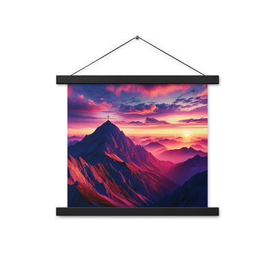 Dramatischer Alpen-Sonnenaufgang, Gipfelkreuz und warme Himmelsfarben - Premium Poster mit Aufhängung berge xxx yyy zzz 35.6 x 35.6 cm