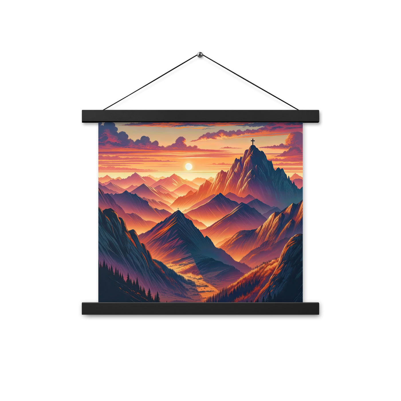 Dramatischer Alpen-Sonnenuntergang, Gipfelkreuz in Orange-Rosa - Premium Poster mit Aufhängung berge xxx yyy zzz 35.6 x 35.6 cm