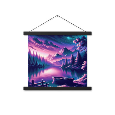 Magische Alpen-Dämmerung, rosa-lila Himmel und Bergsee mit Boot - Premium Poster mit Aufhängung berge xxx yyy zzz 35.6 x 35.6 cm