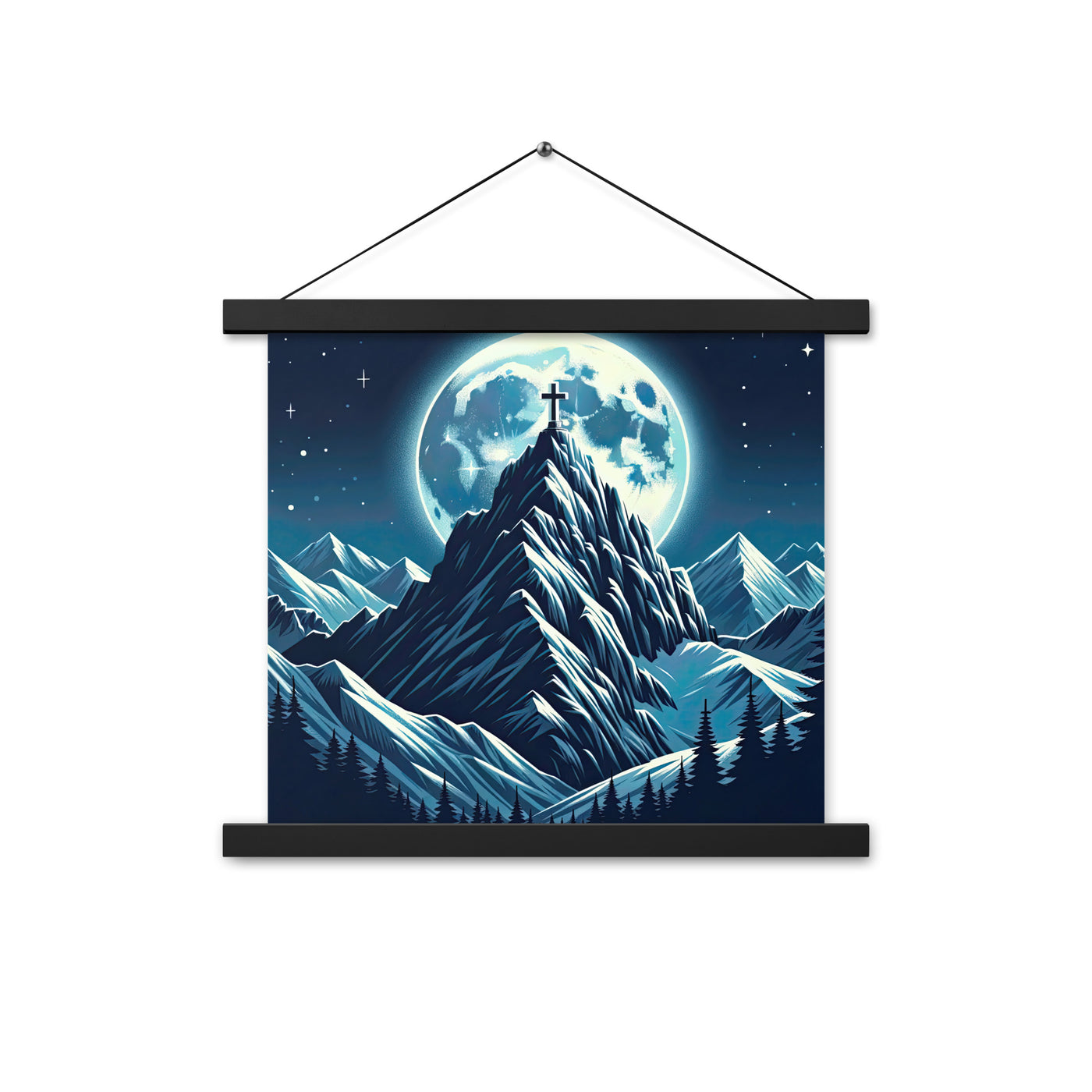 Mondnacht und Gipfelkreuz in den Alpen, glitzernde Schneegipfel - Premium Poster mit Aufhängung berge xxx yyy zzz 35.6 x 35.6 cm