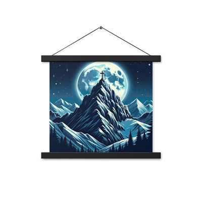 Mondnacht und Gipfelkreuz in den Alpen, glitzernde Schneegipfel - Premium Poster mit Aufhängung berge xxx yyy zzz 35.6 x 35.6 cm