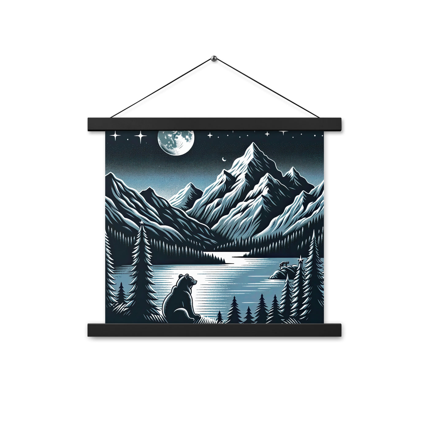 Bär in Alpen-Mondnacht, silberne Berge, schimmernde Seen - Premium Poster mit Aufhängung camping xxx yyy zzz 35.6 x 35.6 cm