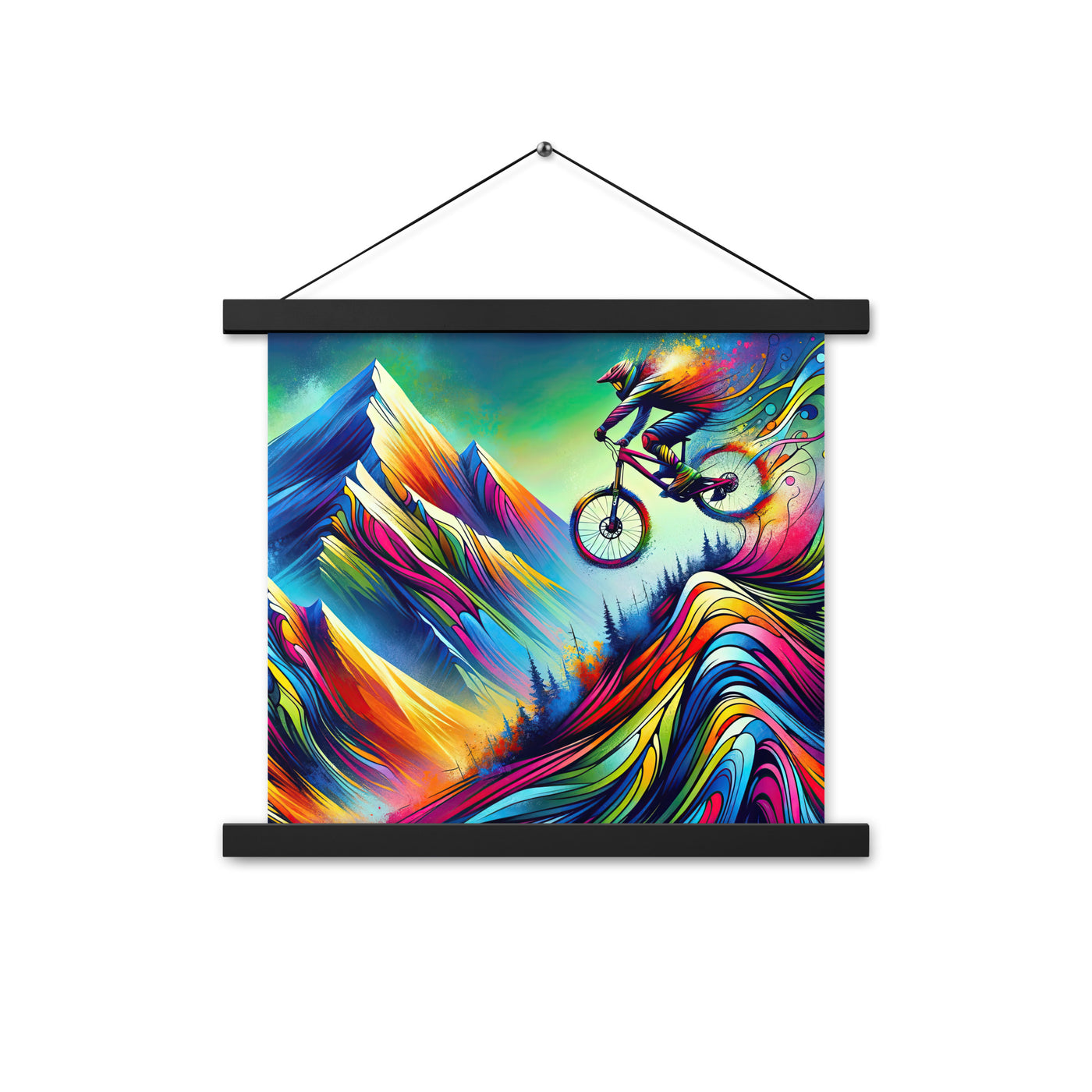 Mountainbiker in farbenfroher Alpenkulisse mit abstraktem Touch (M) - Premium Poster mit Aufhängung xxx yyy zzz 35.6 x 35.6 cm