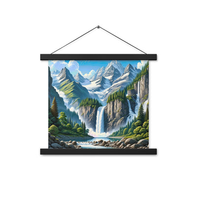 Illustration einer unberührten Alpenkulisse im Hochsommer. Wasserfall und See - Premium Poster mit Aufhängung berge xxx yyy zzz 35.6 x 35.6 cm