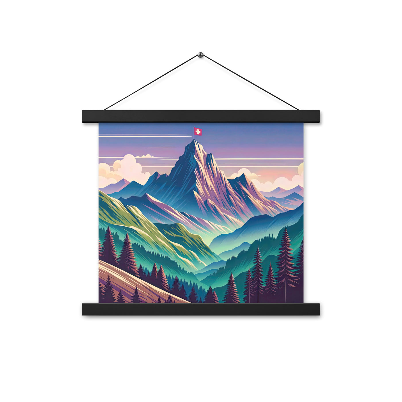 Harmonische Berglandschaft mit Schweizer Flagge auf Gipfel - Premium Poster mit Aufhängung berge xxx yyy zzz 35.6 x 35.6 cm