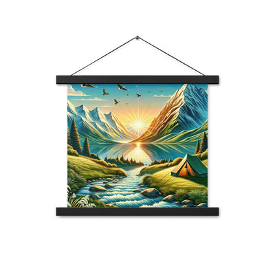 Zelt im Alpenmorgen mit goldenem Licht, Schneebergen und unberührten Seen - Premium Poster mit Aufhängung berge xxx yyy zzz 35.6 x 35.6 cm