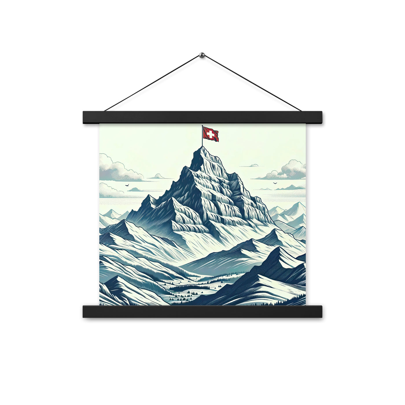 Ausgedehnte Bergkette mit dominierendem Gipfel und wehender Schweizer Flagge - Premium Poster mit Aufhängung berge xxx yyy zzz 35.6 x 35.6 cm