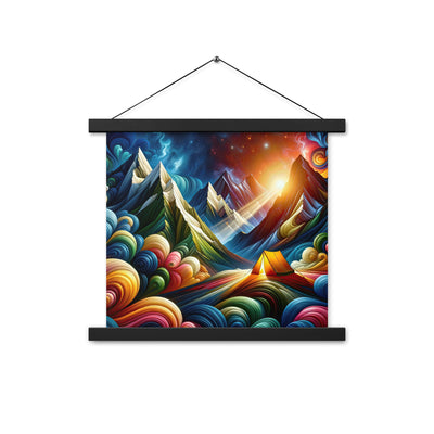 Abstrakte Bergwelt in lebendigen Farben mit Zelt - Premium Poster mit Aufhängung camping xxx yyy zzz 35.6 x 35.6 cm