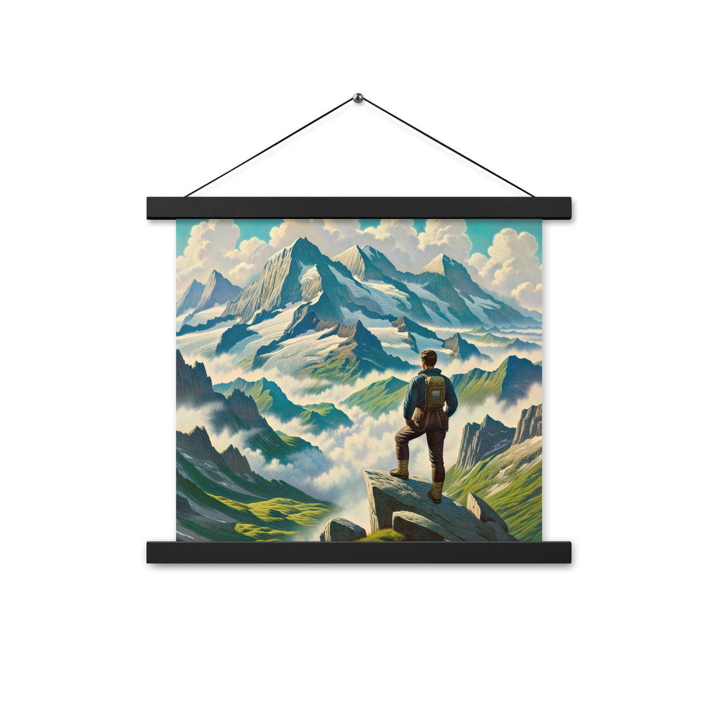 Panoramablick der Alpen mit Wanderer auf einem Hügel und schroffen Gipfeln - Premium Poster mit Aufhängung wandern xxx yyy zzz 35.6 x 35.6 cm