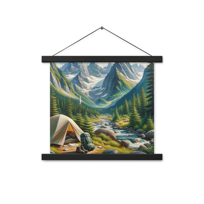 Ölgemälde der Alpensommerlandschaft mit Zelt, Gipfeln, Wäldern und Bächen - Premium Poster mit Aufhängung camping xxx yyy zzz 35.6 x 35.6 cm