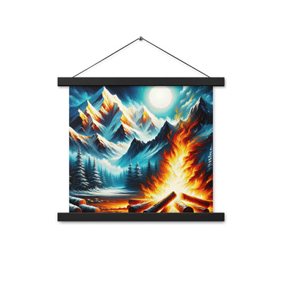 Ölgemälde von Feuer und Eis: Lagerfeuer und Alpen im Kontrast, warme Flammen - Premium Poster mit Aufhängung camping xxx yyy zzz 35.6 x 35.6 cm
