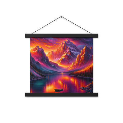 Ölgemälde eines Bootes auf einem Bergsee bei Sonnenuntergang, lebendige Orange-Lila Töne - Premium Poster mit Aufhängung berge xxx yyy zzz 35.6 x 35.6 cm