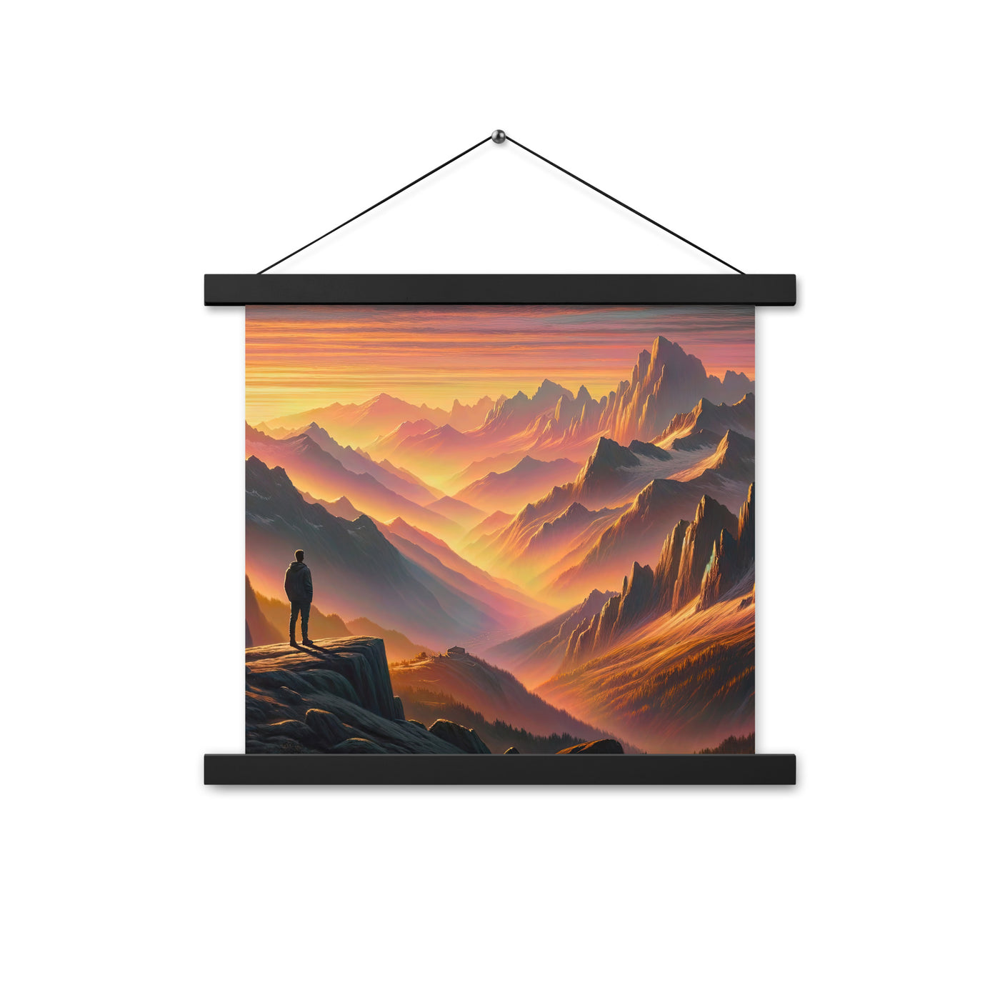 Ölgemälde der Alpen in der goldenen Stunde mit Wanderer, Orange-Rosa Bergpanorama - Premium Poster mit Aufhängung wandern xxx yyy zzz 35.6 x 35.6 cm