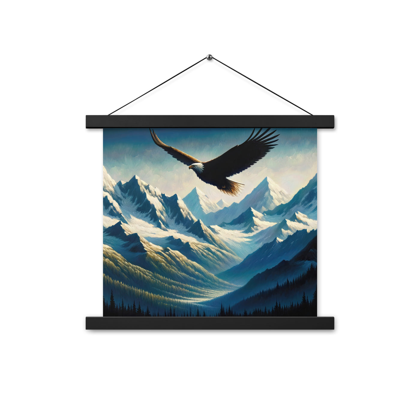 Ölgemälde eines Adlers vor schneebedeckten Bergsilhouetten - Premium Poster mit Aufhängung berge xxx yyy zzz 35.6 x 35.6 cm