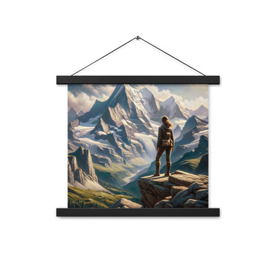 Ölgemälde der Alpengipfel mit Schweizer Abenteurerin auf Felsvorsprung - Premium Poster mit Aufhängung wandern xxx yyy zzz 35.6 x 35.6 cm