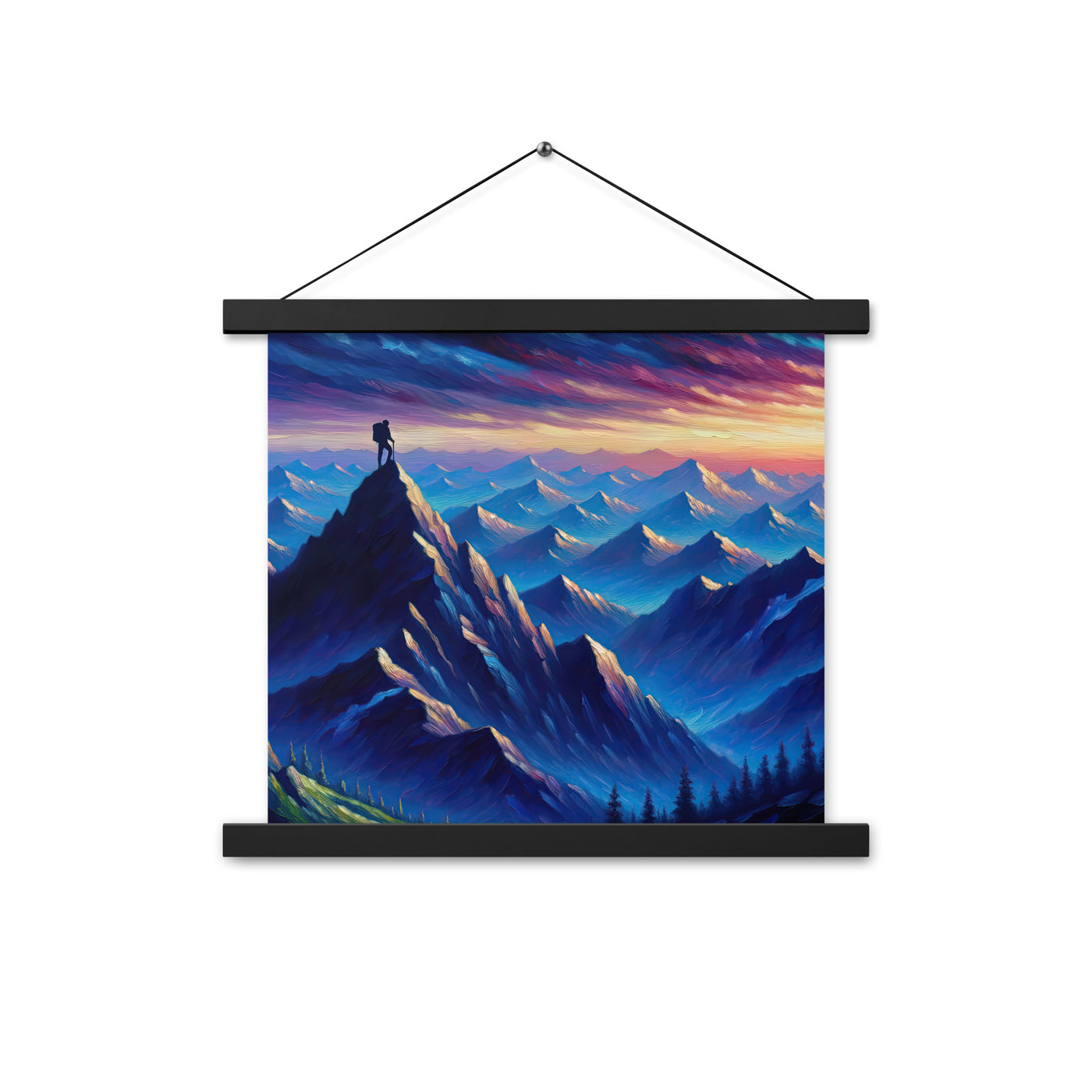 Ölgemälde eines ruhigen Alpenabends mit Bergsteigersilhouette auf dem Gipfel - Premium Poster mit Aufhängung wandern xxx yyy zzz 35.6 x 35.6 cm