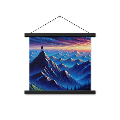 Ölgemälde eines ruhigen Alpenabends mit Bergsteigersilhouette auf dem Gipfel - Premium Poster mit Aufhängung wandern xxx yyy zzz 35.6 x 35.6 cm