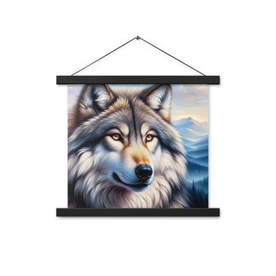 Ölgemäldeporträt eines majestätischen Wolfes mit intensiven Augen in der Berglandschaft (AN) - Premium Poster mit Aufhängung xxx yyy zzz 35.6 x 35.6 cm