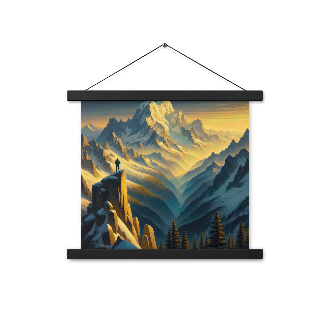 Ölgemälde eines Wanderers bei Morgendämmerung auf Alpengipfeln mit goldenem Sonnenlicht - Premium Poster mit Aufhängung wandern xxx yyy zzz 35.6 x 35.6 cm
