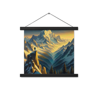 Ölgemälde eines Wanderers bei Morgendämmerung auf Alpengipfeln mit goldenem Sonnenlicht - Premium Poster mit Aufhängung wandern xxx yyy zzz 35.6 x 35.6 cm