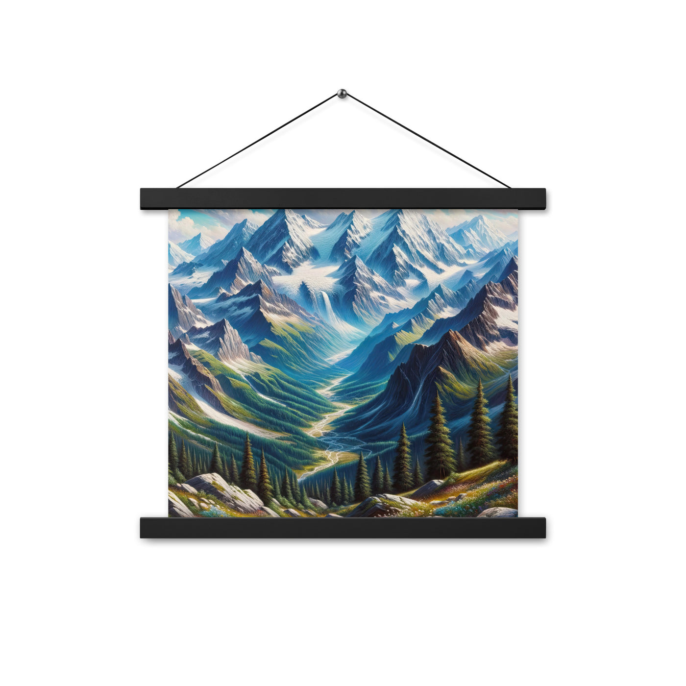Panorama-Ölgemälde der Alpen mit schneebedeckten Gipfeln und schlängelnden Flusstälern - Premium Poster mit Aufhängung berge xxx yyy zzz 35.6 x 35.6 cm
