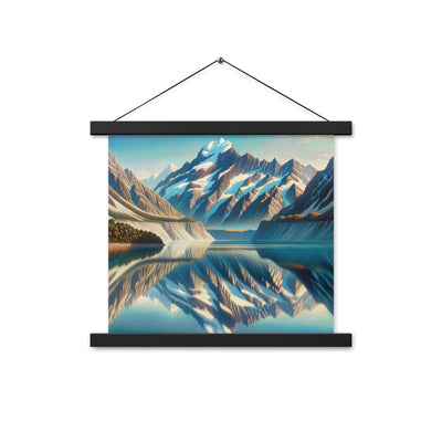 Ölgemälde eines unberührten Sees, der die Bergkette spiegelt - Premium Poster mit Aufhängung berge xxx yyy zzz 35.6 x 35.6 cm