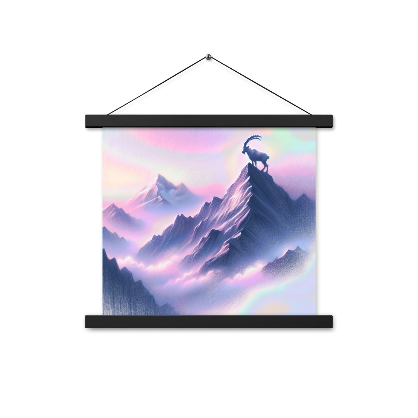 Pastellzeichnung der Alpen im Morgengrauen mit Steinbock in Rosa- und Lavendeltönen - Premium Poster mit Aufhängung berge xxx yyy zzz 35.6 x 35.6 cm