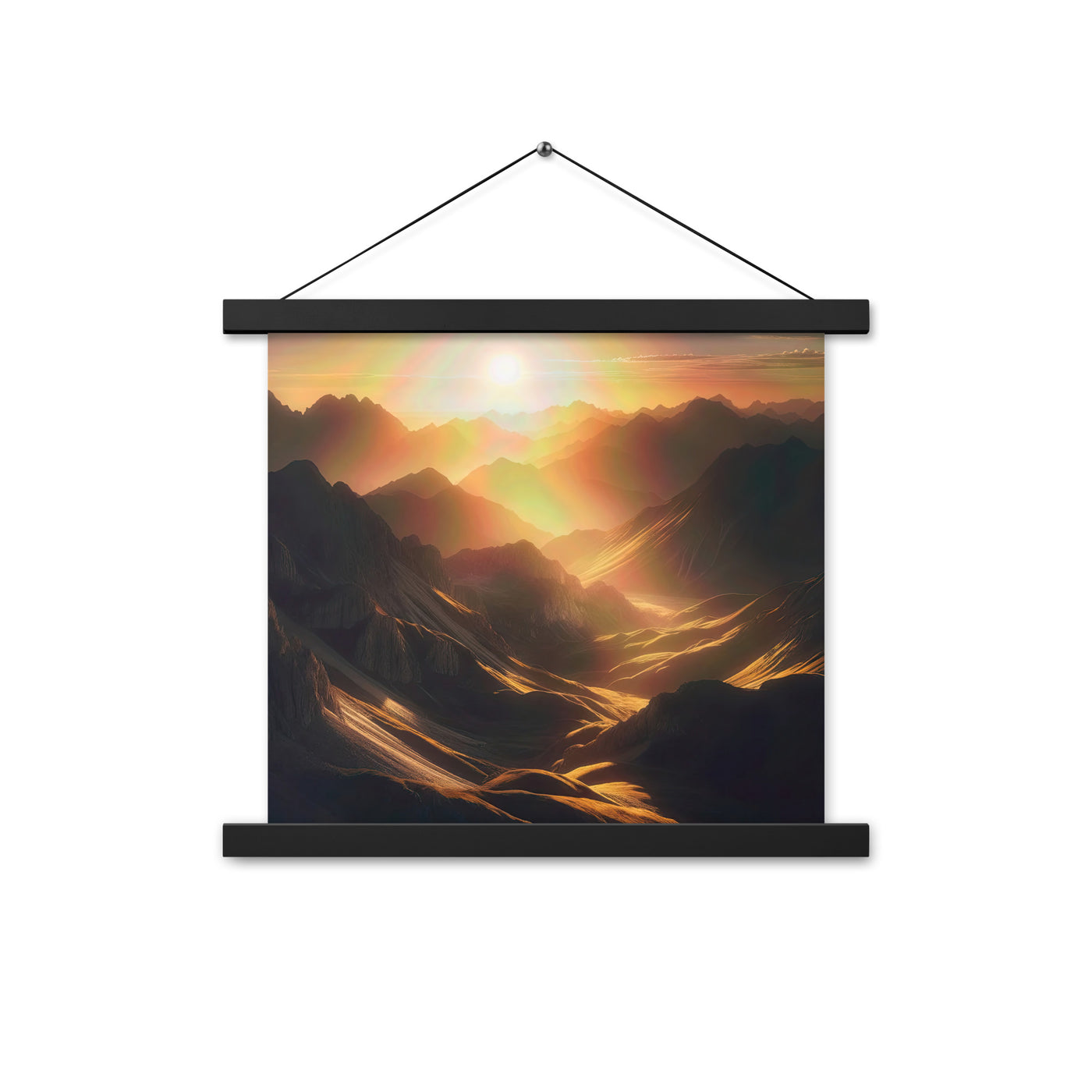Foto der goldenen Stunde in den Bergen mit warmem Schein über zerklüftetem Gelände - Premium Poster mit Aufhängung berge xxx yyy zzz 35.6 x 35.6 cm