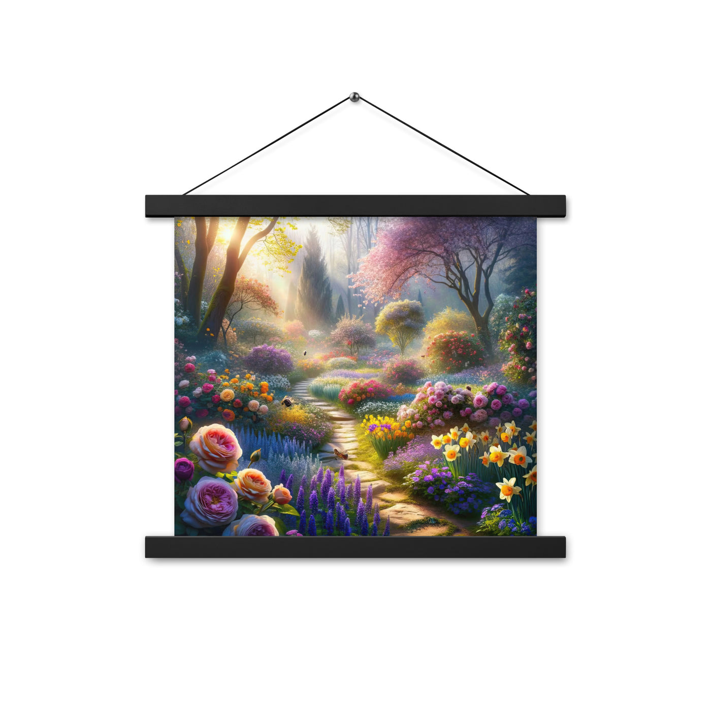 Foto einer Gartenszene im Frühling mit Weg durch blühende Rosen und Veilchen - Premium Poster mit Aufhängung camping xxx yyy zzz 35.6 x 35.6 cm