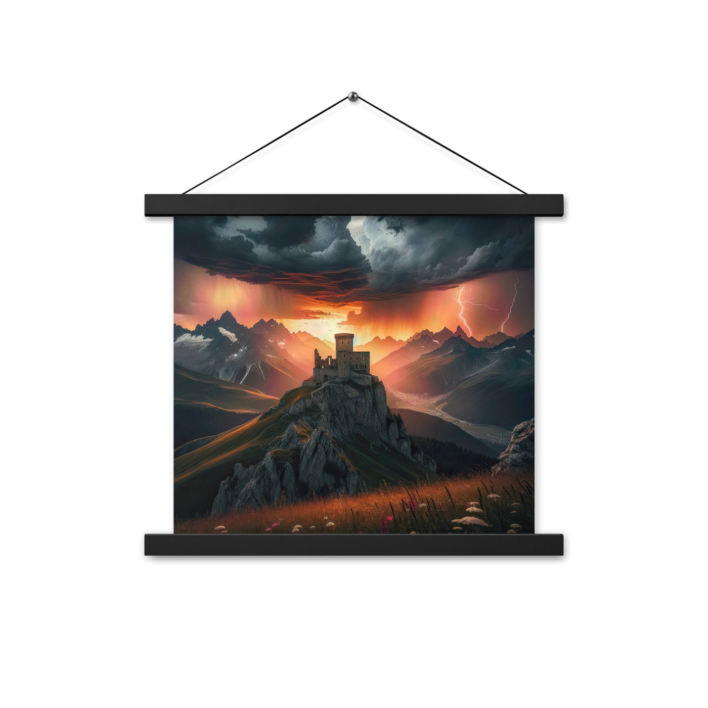 Foto einer Alpenburg bei stürmischem Sonnenuntergang, dramatische Wolken und Sonnenstrahlen - Enhanced Matte Paper Poster With Hanger berge xxx yyy zzz 35.6 x 35.6 cm