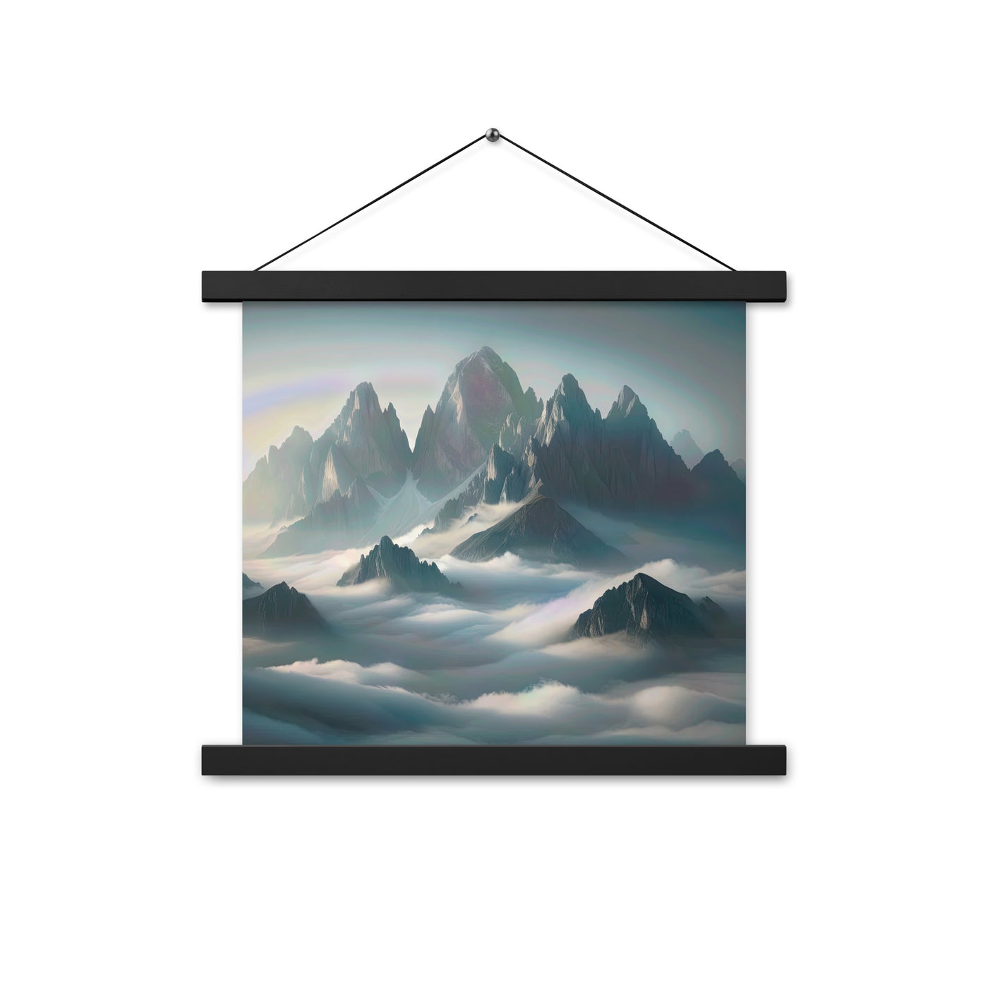 Foto eines nebligen Alpenmorgens, scharfe Gipfel ragen aus dem Nebel - Premium Poster mit Aufhängung berge xxx yyy zzz 35.6 x 35.6 cm