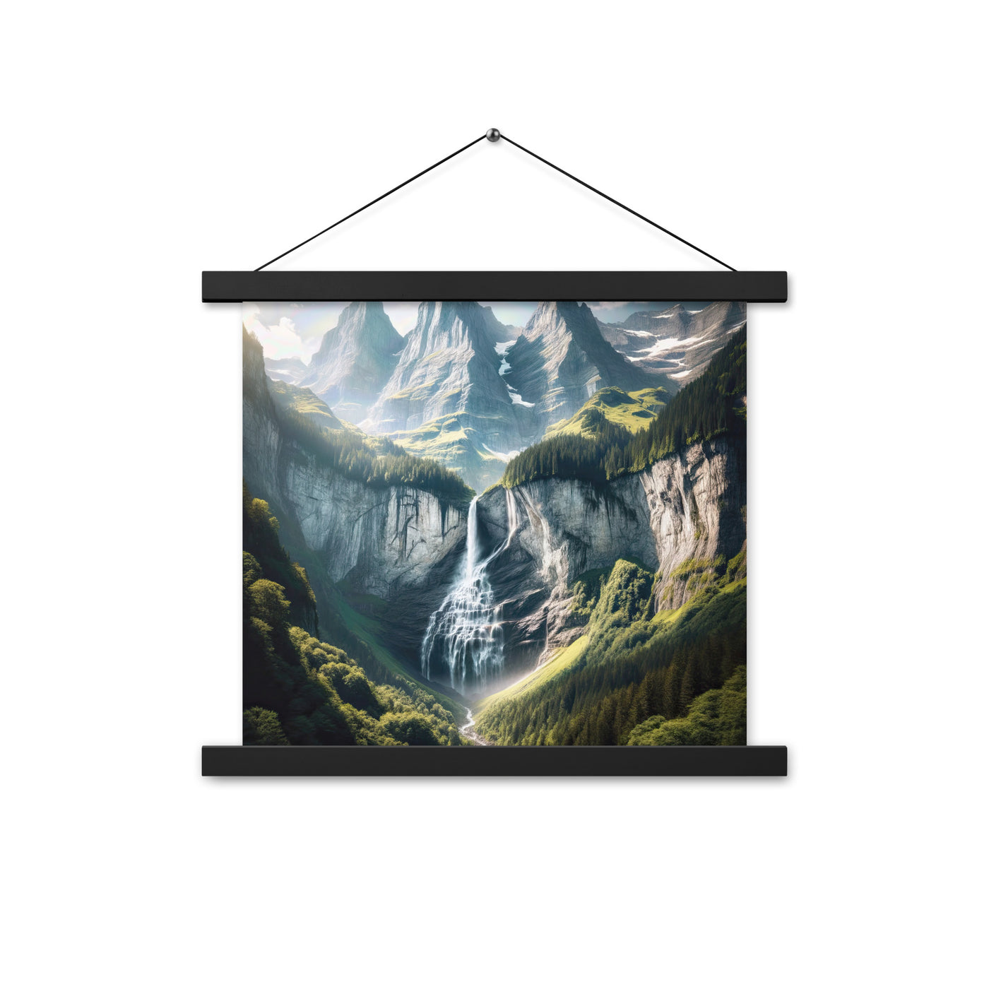 Foto der sommerlichen Alpen mit üppigen Gipfeln und Wasserfall - Premium Poster mit Aufhängung berge xxx yyy zzz 35.6 x 35.6 cm