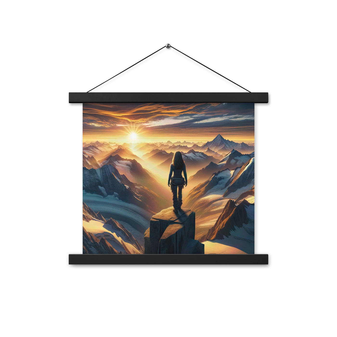 Fotorealistische Darstellung der Alpen bei Sonnenaufgang, Wanderin unter einem gold-purpurnen Himmel - Enhanced Matte Paper Poster With wandern xxx yyy zzz 35.6 x 35.6 cm